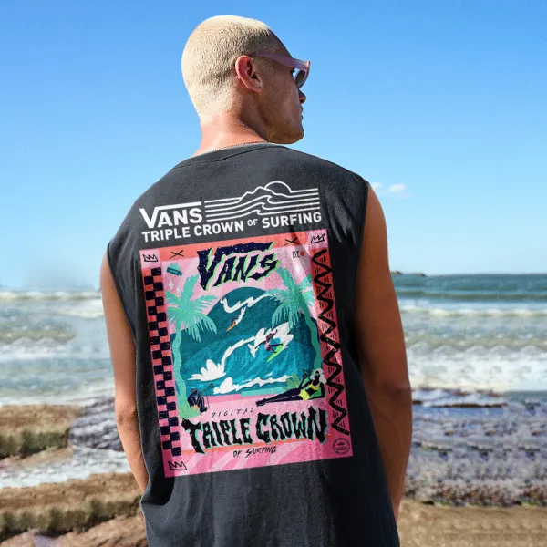 Vintage Unisex Oversized Sleeveless T-shirt Seaside Holiday Surfing Print Vest - Ootdyouth.com 