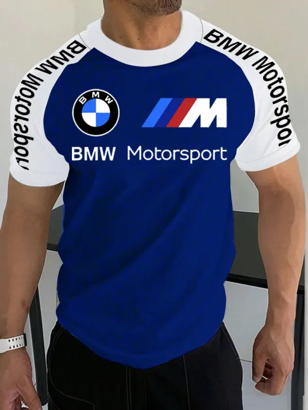 Men's Racing Enthusiast Logo Print Contrast Color T-shirt - Menbarn.com 