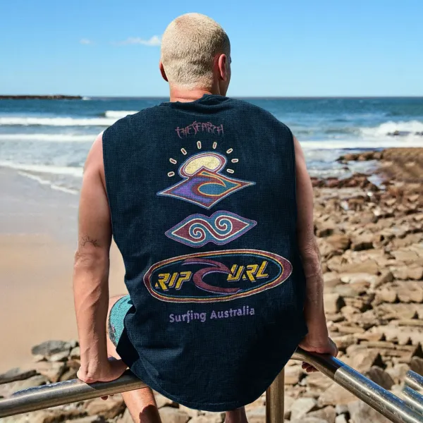 Retro Unisex Oversized Mesh Sleeveless T-shirt Seaside Holiday Surfing Print Vest Quick-drying Vest - Ootdyouth.com 