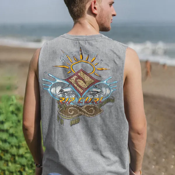 Retro Unisex Oversized Mesh Sleeveless T-shirt Seaside Holiday Surfing Print Vest Quick-drying Vest - Ootdyouth.com 
