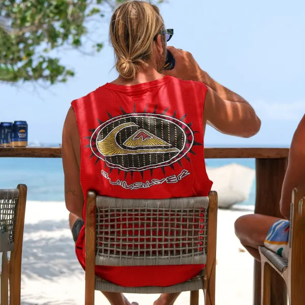 Retro Unisex Oversized Mesh Sleeveless T-shirt Seaside Holiday Surfing Print Vest Quick-drying Vest - Ootdyouth.com 