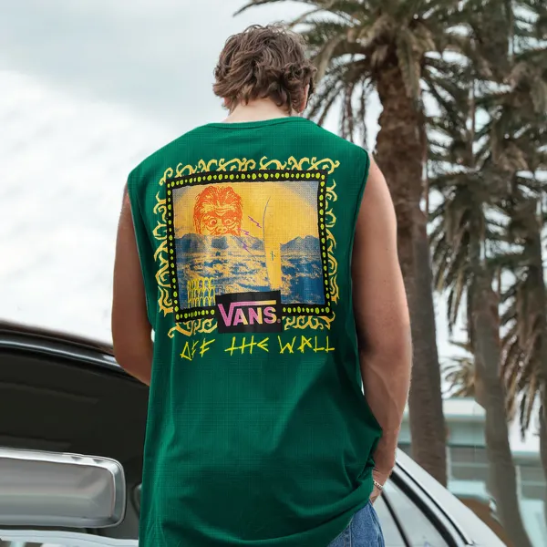 Retro Unisex Oversized Mesh Sleeveless T-shirt Seaside Holiday Surfing Print Vest Quick-drying Vest - Ootdyouth.com 