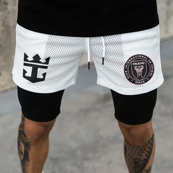 Neutral Loose Comfortable Casual Football Print Double-layer Sports Shorts - Ootdyouth.com 