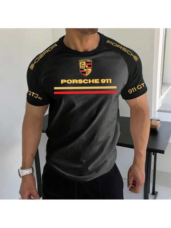 Men's Racing Logo Print Contrast Color Short Sleeve T-Shirt - Aptkoi.com 