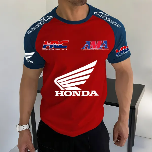 Men's Racing Logo Print Contrast Color Short Sleeve T-Shirt - Ootdyouth.com 