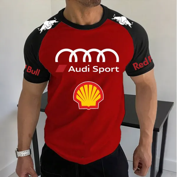 Men's Racing Logo Print Contrast Color Short Sleeve T-Shirt - Ootdyouth.com 