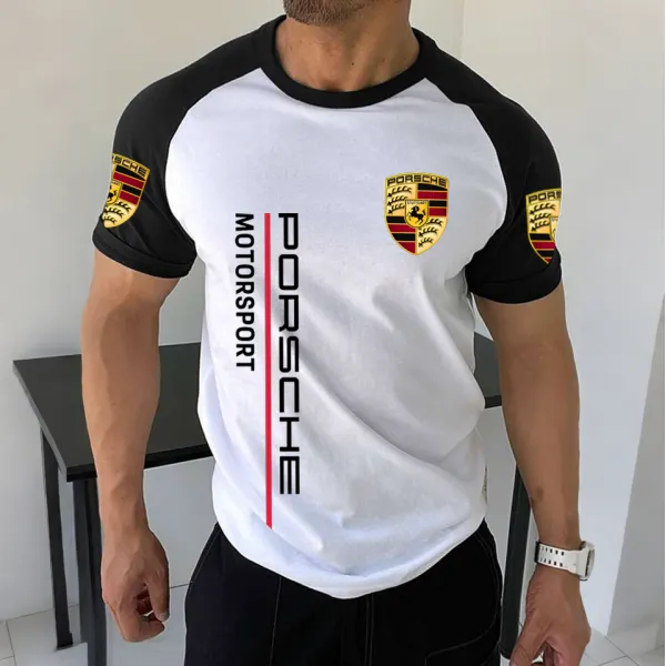 Men's Racing Logo Print Contrast Color Short Sleeve T-Shirt - Ootdyouth.com 