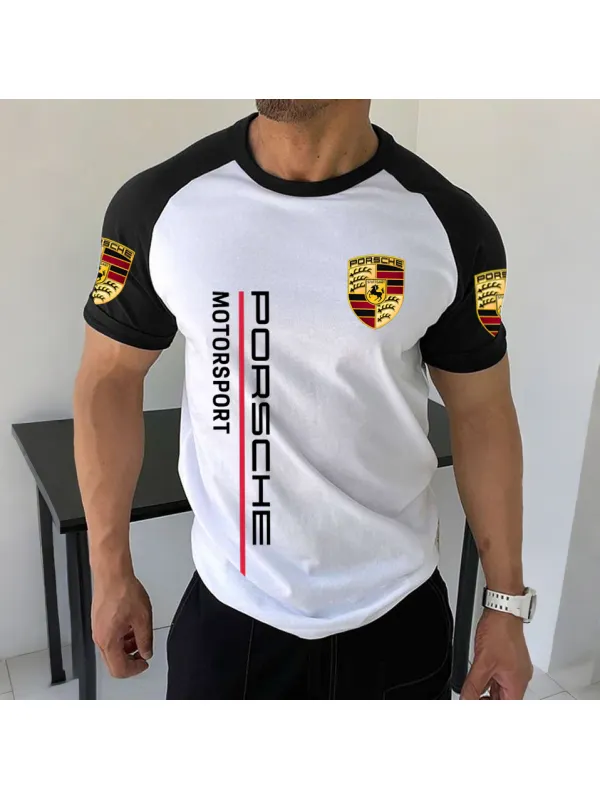 Men's Racing Logo Print Contrast Color Short Sleeve T-Shirt - Aptkoi.com 