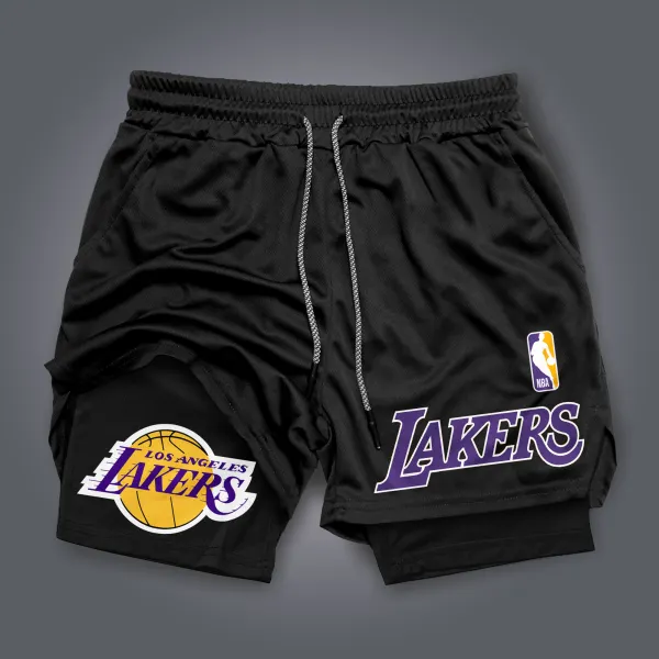Men's Casual Basketball Print Double Mesh Sports Shorts Basketball Print Quick Dry Sports Shorts Los Angeles, California - Ootdyouth.com 