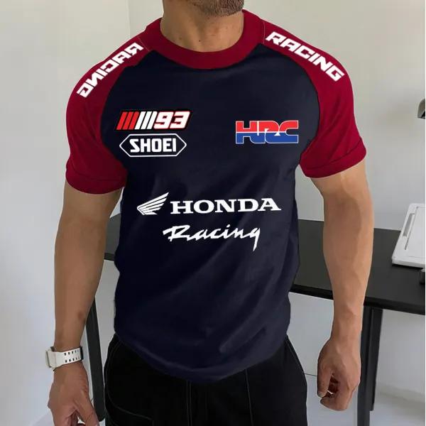 Men's Racing Logo Print Contrast Color Short Sleeve T-Shirt - Ootdyouth.com 