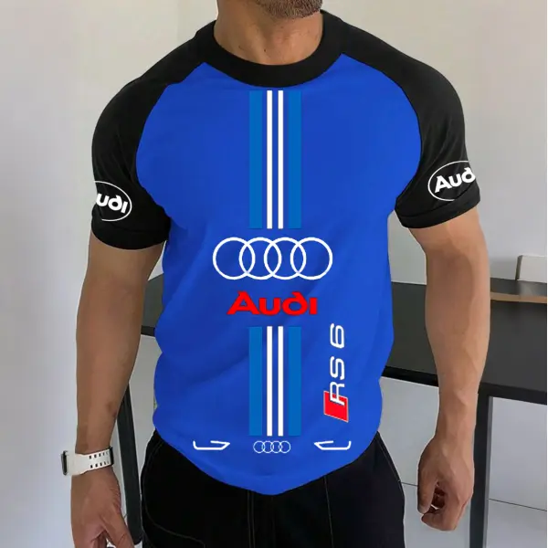 Men's Racing Logo Print Contrast Color Short Sleeve T-Shirt - Ootdyouth.com 
