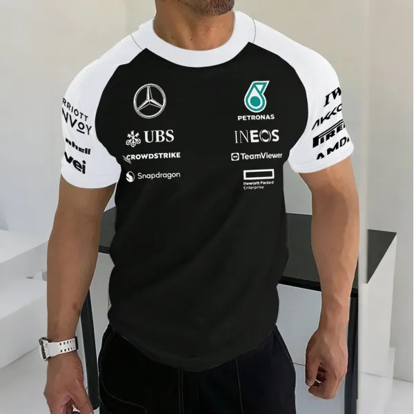 Men's Racing Logo Print Contrast Color Short Sleeve T-Shirt - Ootdyouth.com 