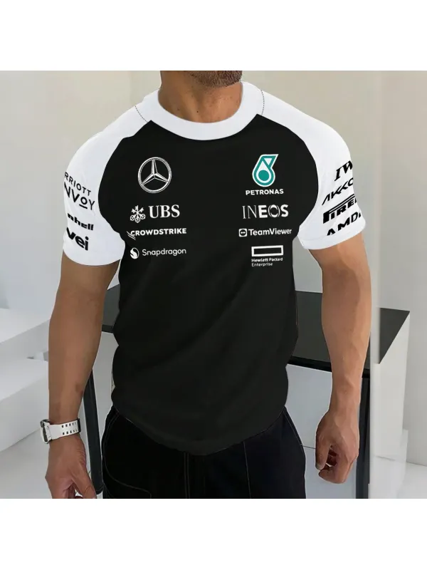 Men's Racing Logo Print Contrast Color Short Sleeve T-Shirt - Aptkoi.com 