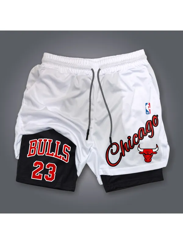 Men's Casual Basketball Print Double Mesh Sports Shorts Chicago, Illinois, USA Basketball Print Quick-drying Sports Shorts - Ootdmw.com 