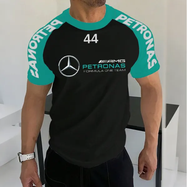 Men's Racing Logo Print Contrast Color Short Sleeve T-Shirt - Ootdyouth.com 