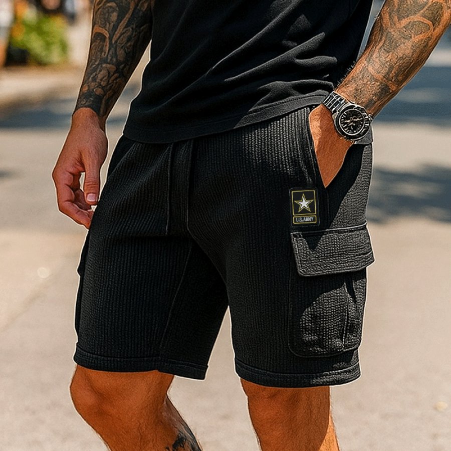 

Men's Vintage Waffle Tactical Cargo Shorts With Star Patch - Perfect For Casual And Outdoor Activities