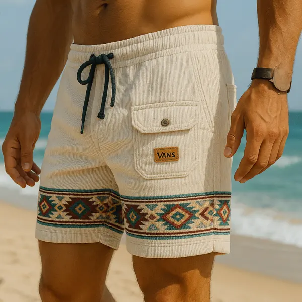 Corduroy Stylish Drawstring Shorts With Tribal Pattern For Men - Wayrates.com 