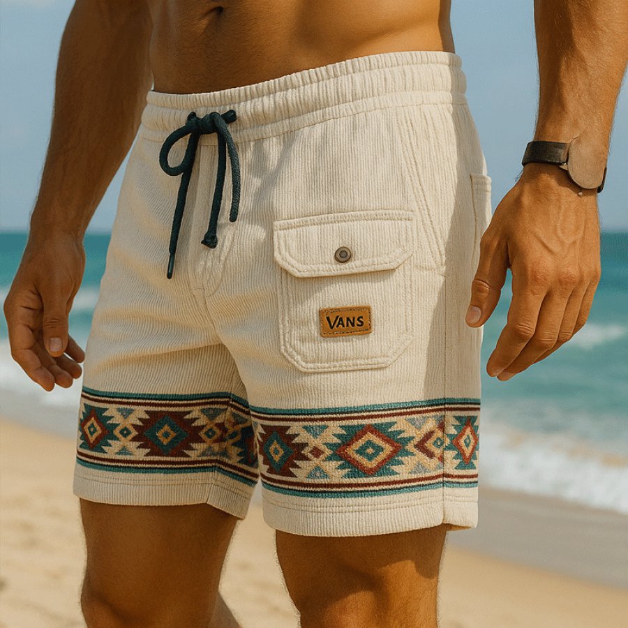 

Corduroy Stylish Drawstring Shorts With Tribal Pattern For Men