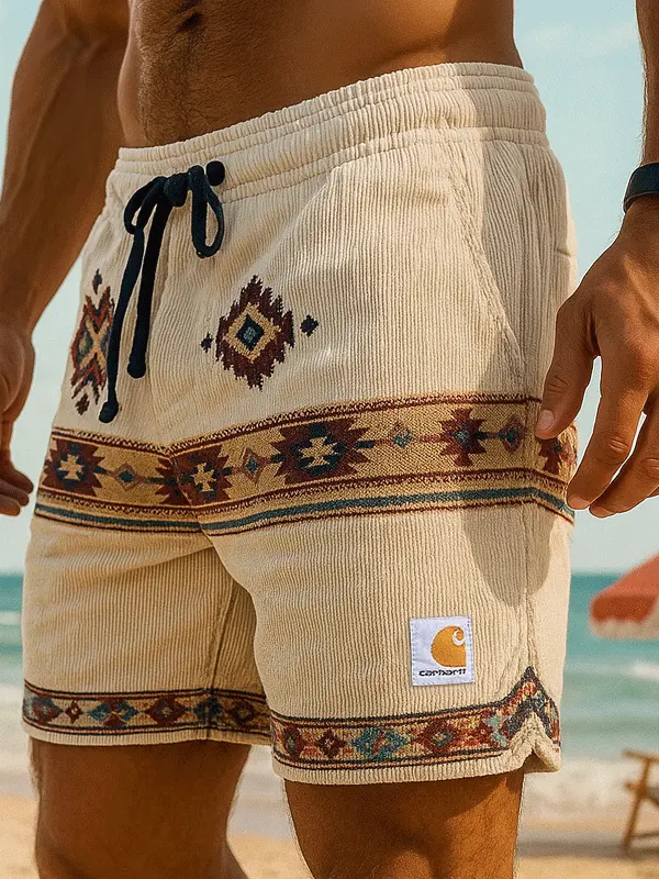 Vans Corduroy Stylish Tribal Pattern Ethnic Aztec Print Shorts For Summer Beach Adventures - Menbarn.com 