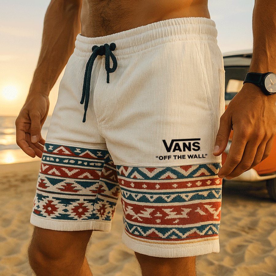 

Stylish Corduroy Shorts With Tribal Pattern For Men