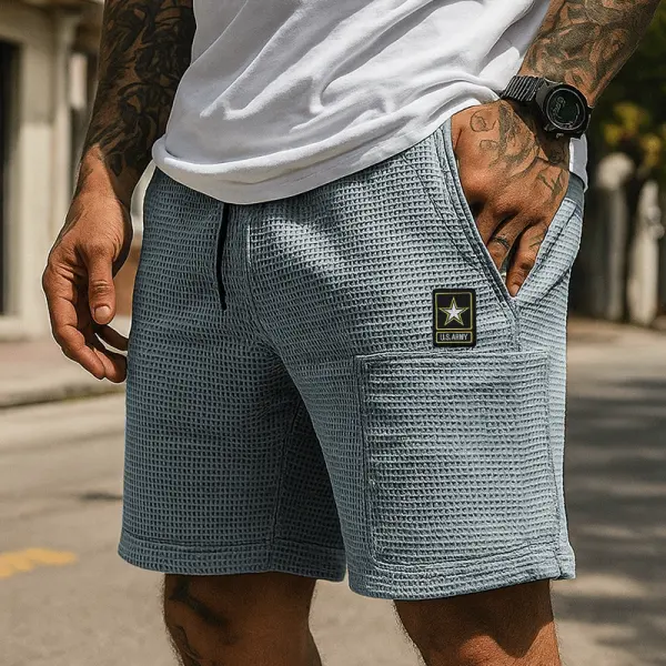 Men's Casual Waffle Texture Shorts With Star Patch Design - Wayrates.com 