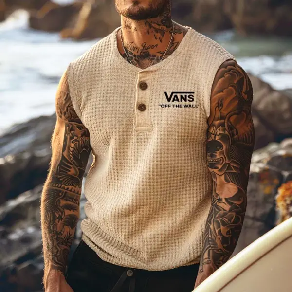 Men's Vintage Waffle Knit Surfing Off The Wall Sleeveless Henley Muscle Tank Top - Wayrates.com 