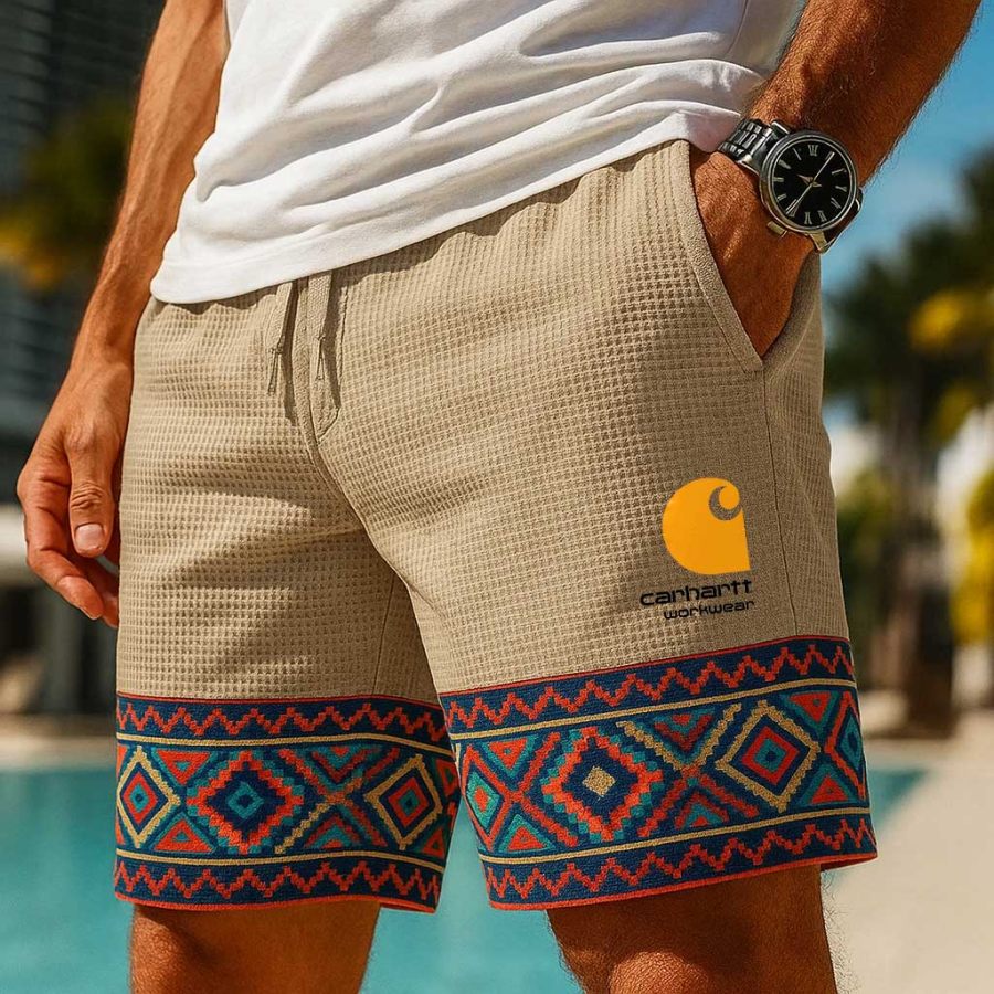 

Men's Vintage Waffle Knit Surfing Ethnic Aztec Print Walkshort Khaki Shorts Boardshorts
