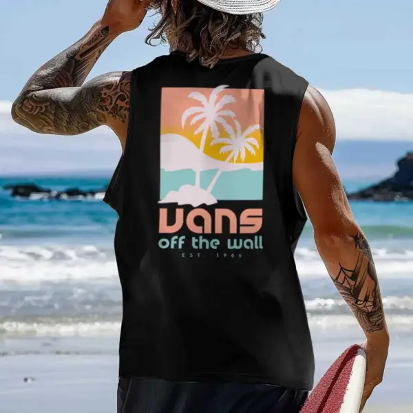 Men's Vintage Surfing Palm Tree Graphic Print Round Neck Sleeveless Muscle Tank Top - Wayrates.com 
