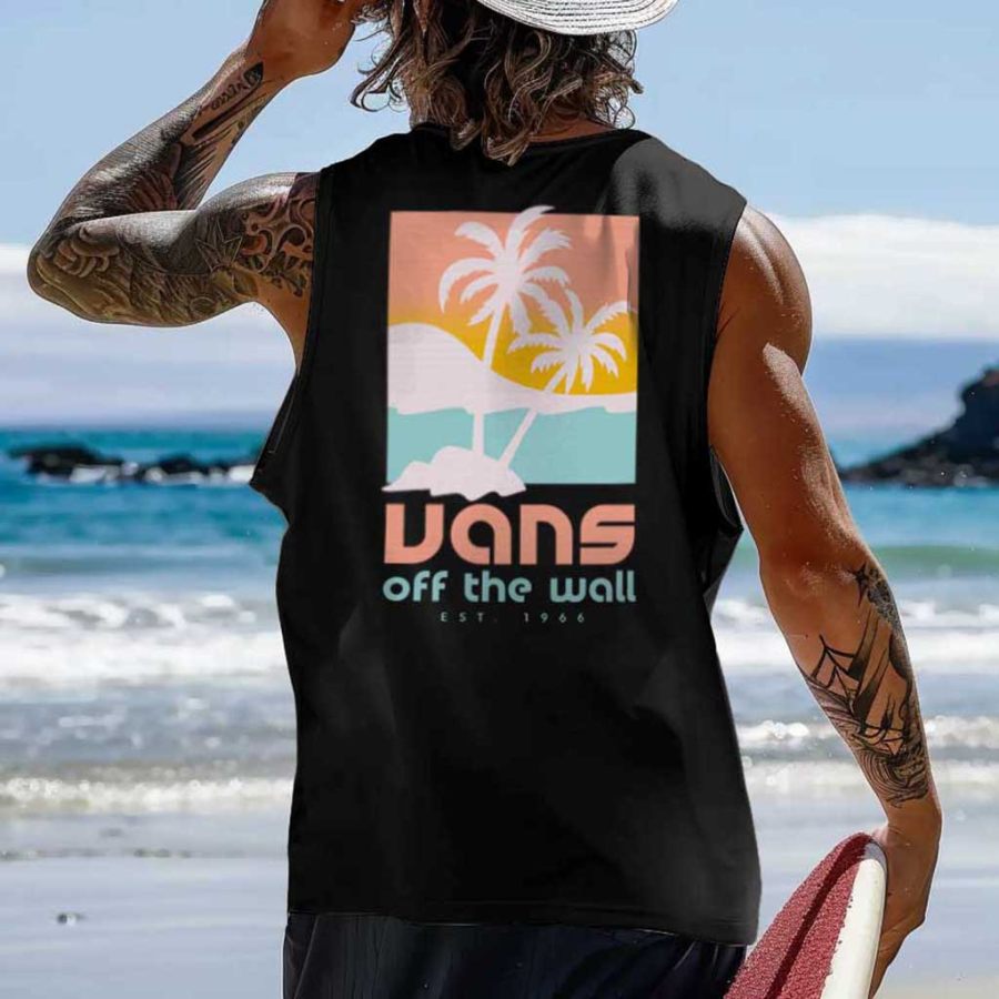 

Men's Vintage Surfing Palm Tree Graphic Print Round Neck Sleeveless Muscle Tank Top