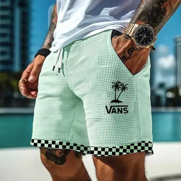 Men's Vintage Waffle Knit Surfing Checkerboard Palm Tree Print Walkshort Light Green Shorts Boardshorts - Ootdyouth.com 