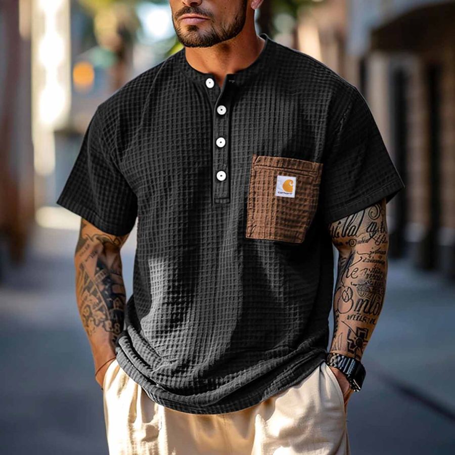 

Carhartt Men's Vintage Waffle Knit Surfing Pocket Color Block Short Sleeve Henley Muscle T-Shirt
