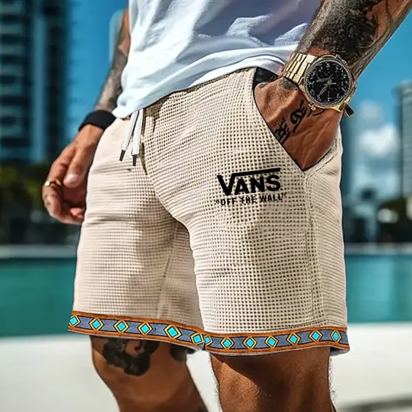 Men's Vintage Ethnic Print Culture Waffle Fabric Knit Surf Elastic Drawstring Shorts - Ootdyouth.com 