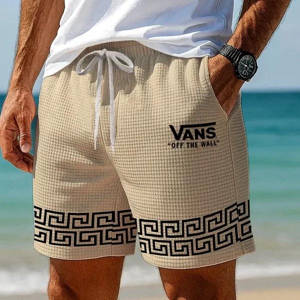 Men's Vintage Ethnic Print Culture Waffle Fabric Knit Surf Elastic Drawstring Shorts - Ootdyouth.com 