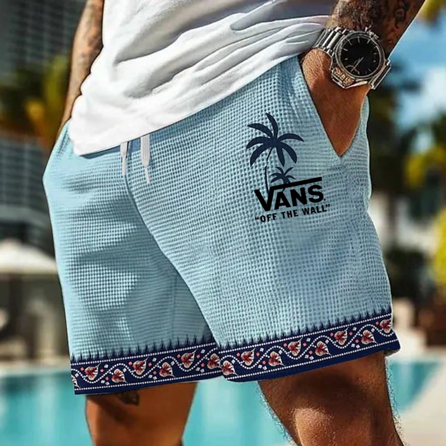 

Men's Vintage Ethnic Print Culture Waffle Fabric Knit Surf Elastic Drawstring Shorts
