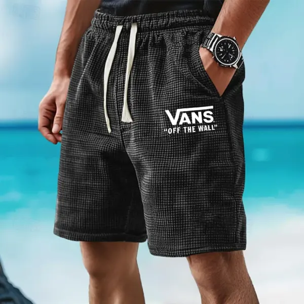Men's Vintage Print Waffle Fabric Knit Surf Elastic Drawstring Shorts - Ootdyouth.com 