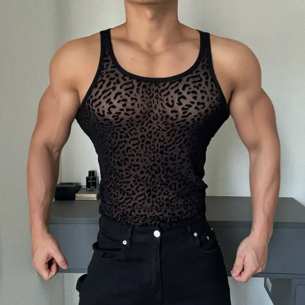 Super Sexy Leopard Print Hollow See-through Vest Men's Sleeveless T-shirt Breathable Disco Waistcoat Bottoming Shirt - Ootdyouth.com 