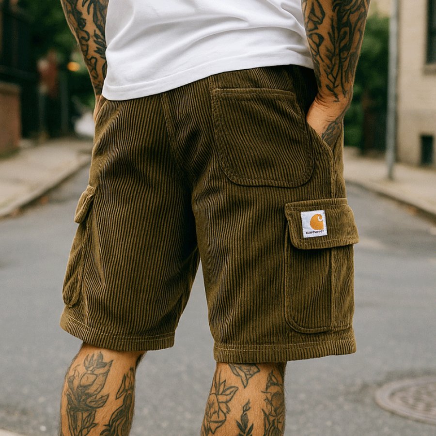 

Dark Olive Green Carhartt Vintage Corduroy Cargo Shorts With Multi-Pockets For Men