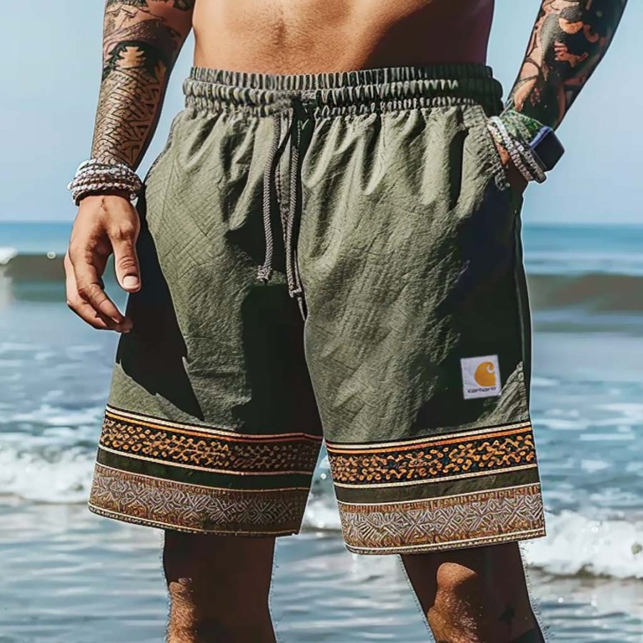 

Men's Vintage Surfing Ethnic Aztec Print Walkshort Army Green Shorts Boardshorts