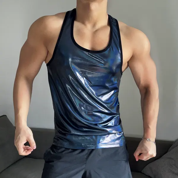 Y2K Futuristic Liquid Silver Spaghetti Straps Backless Sports Fitness Muscle Men Show Body Nightclub Club Vest - Ootdyouth.com 