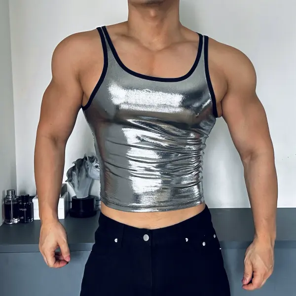 Y2K Style Super Sexy Liquid Silver Vest All-match Fitness Sports Couple Training Clothes Nightclub Club Tops Men - Ootdyouth.com 