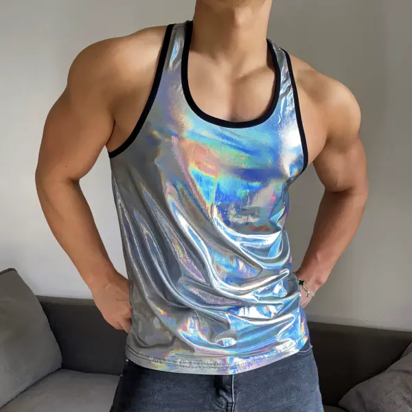 Y2K Futuristic Liquid Silver Spaghetti Straps Backless Sports Fitness Muscle Men Show Body Nightclub Club Vest - Ootdyouth.com 