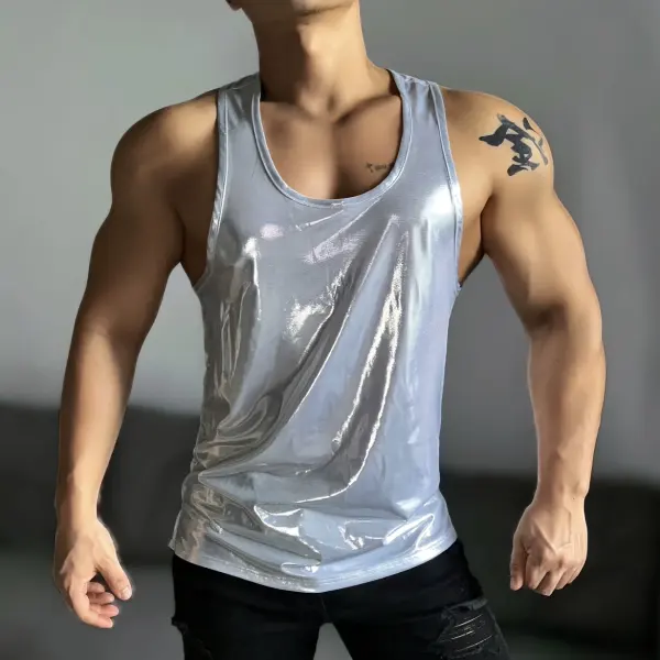 Y2K Futuristic Liquid Silver Spaghetti Straps Backless Sports Fitness Muscle Men Show Body Nightclub Club Vest - Ootdyouth.com 