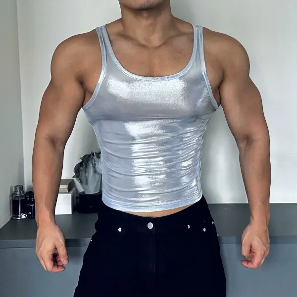 Y2K Style Super Sexy Liquid Silver Vest All-match Fitness Sports Couple Training Clothes Nightclub Club Tops Men - Ootdyouth.com 