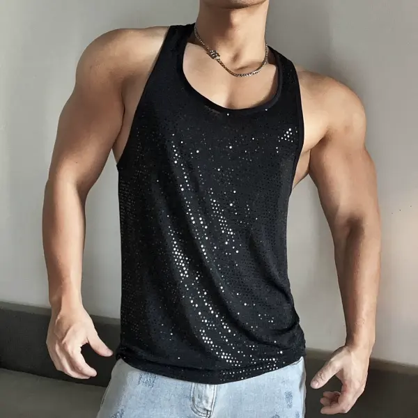 Y2K Futuristic Black Super Glitter Vest Thin Shoulder Strap Sleeveless Nightclub Club Fitness Muscle Men's Vest - Ootdyouth.com 