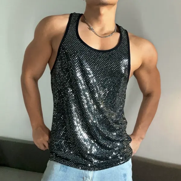 Y2K Futuristic Silver Mirror Glitter Vest Thin Shoulder Strap Sleeveless Nightclub Club Fitness Muscle Men's Vest - Ootdyouth.com 