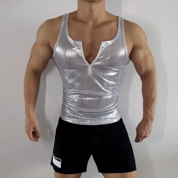 Y2K Retro Sexy Liquid Silver Zipper Vest Design Nightclub Club Vest - Ootdyouth.com 