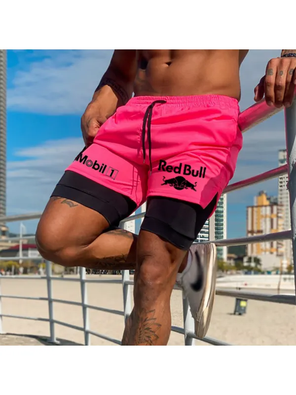 Men's Racing Print Double Layer Sports Shorts - Aptkoi.com 