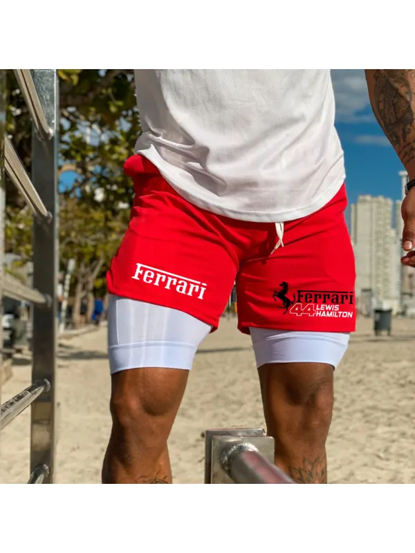 Men's Racing Print Double Layer Sports Shorts - Aptkoi.com 