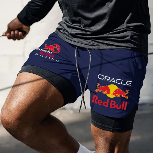 Men's Racing Print Double Layer Sports Shorts - Ootdyouth.com 