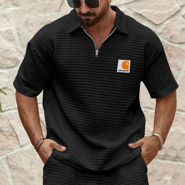 Men's Vintage Waffle Black Quilted Polo T Shirt - Wayrates.com 